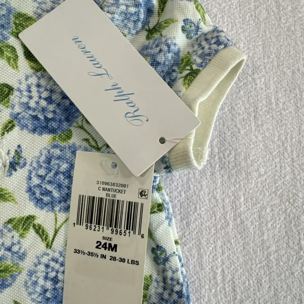 Ralph Lauren Romper Girls 24 Months Blue Floral Collared Ruffle One-Piece NWT